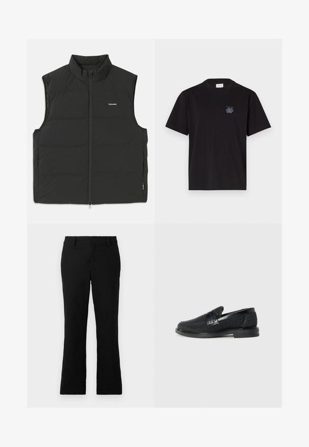 Melnā pūkaino džakets ar augstu apkakli, ar rāvējslēdzēju un bez piedurknēm. Viegls materiāls ar redzamām šuvēm un mazu logo uz krūtīm.; Melna kokvilnas T-kreklu ar apaļu kaklu un īsām piedurknēm. Saturs mazu zilu logotipu kreisajā krūtī. Vienkāršs, taisns griezums.; Melni plati bikses, izgatavotas no kokvilnas sajaukuma auduma, ar pogu aizdari, jostas cilpām un gludu tekstūru, bez redzamām rakstām.; Melnas austas slaidu kurpes ar gludu ādas akcentu augšpusē, apaļas formas purngalu un zemas profila gumijas zoli.