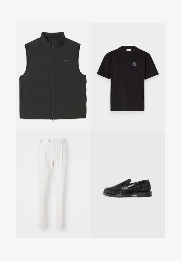 Svart puffer-vest med høy krage, glidelås i front og uten ermer. Lett stoff med synlige sømmer og en liten logo på brystet.; Svart bomulls T-skjorte med rund hals og korte ermer. Har en liten blå logo på venstre bryst. Enkel, rettskåret design.; Hvite, skreddersydde bukser med flat front, to legg, og oppbrett. Laget av et glatt stoff med knappelukking i livet.; Sorte vevde slip-on sko med en glatt lærdetalj på overdelen, design med rund tå og en lavprofil gummisåle.