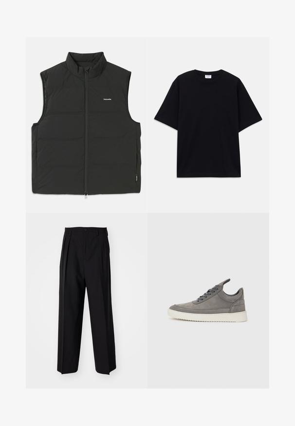 Juodas pūkinis liemenė su aukštu apykakle, užtrauktuku ir be rankovių. Lengvas audinys su matomu siūlėjimu ir maža logotipu ant krūtinės.; Juodas trumpas rankovėmis per didelis marškinėliai su apvaliu iškirpimu ir matoma Filippa K prekės ženklo etiketė vidinėje apykaklės pusėje.; Juodi klostuoti kelnių, su tiesiu, plačiu kojų dizainu. Pagaminti iš lygios medžiagos, su mygtukų uždarymu ir diržo kilputėmis.; Pilki zomšiniai sportbačiai su tekstūruotu paviršiumi, turintys baltą guminį padu, apvalias raišteles ir žemą dizainą.