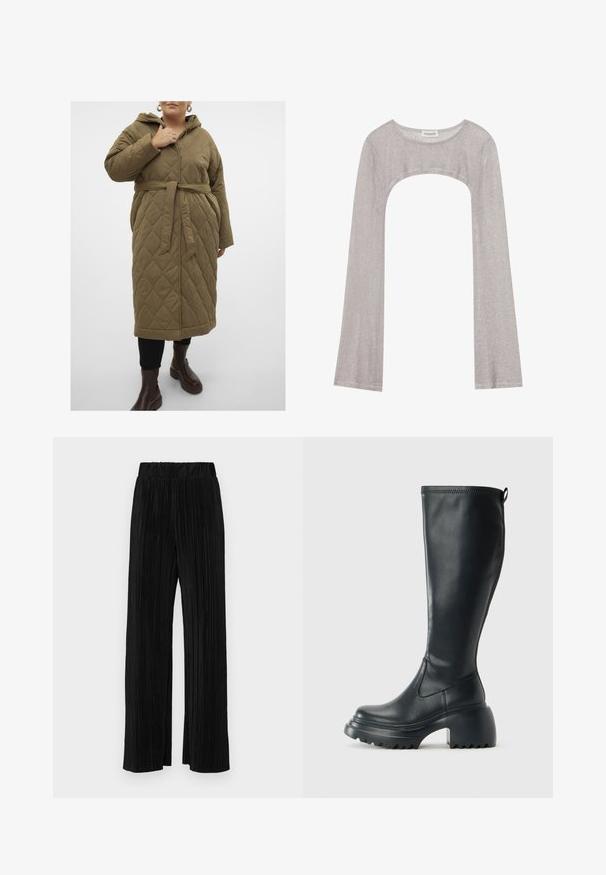 Vero Moda Curve VMCSASHA LONG COAT - Téli kabát - capers; Ezüst hosszú ujjú felső kerek nyakkivágással és alul kivágott résszel. Texturált anyagból készült, testhezálló szabással és bővülő ujjakkal.; Fekete pliszírozott nadrág gumis derekkal. Széles lábakkal rendelkezik, sima, texturált anyagból készült, függőleges csíkokkal.; Magas fekete bőrcipő, vastag platform talppal és blokk sarokkal, húzófüllel és texturált profillal az outsole-on.