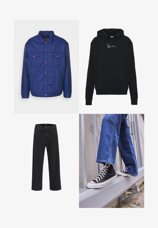Tums zilas, quiltētas jakas ar spiedpogām, divām krūšu kabatām un stāvošu apkakli. Izgatavota no gludas, vieglas auduma.; Melnā kapuce, kas izgatavota no mīkstas auduma, ar priekšējo kabatu, auklām un balto logotipa izšuvumu uz krūtīm. Klasisks piegriezums un ribota aproce.; Melna klasisko taisno kāju džinsu bikses ar pogu un rāvējslēdzēju, jostas cilpas, kā arī priekšējām un aizmugurējām kabatām.; Melnas augstas kedas ar baltu zoli un auklām, apvienotas ar brīvām zilām džinsām, atpūšoties uz pelēka margotā balsta.