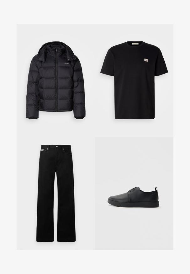 Must värvi puffer-jakk, mis on lukk ees, lühikese pikkusega, tikandidega disain ja kõrge krae. Omab logo vasakul rinnal ja elastseid käeotsi.; Mustmustärg t-särk lühikeste varrukatega, ümmarguse kaelusega ja väike tikitud logo vasakul rinnal. Sile tekstuur, tavaline sobivus.; Mustadest denimist püksid laiade jalgadega, viie tasku ja metallist nööpidega. Sile tekstuur, nähtavad mustrid puuduvad.; Mustaläik nahast spordijalatsid siledaga viimistlusega, ümarate varvastega, sama tooni õmblustega, nööbid ees, ja lamedate kummist tallaga. Kannas aas.
