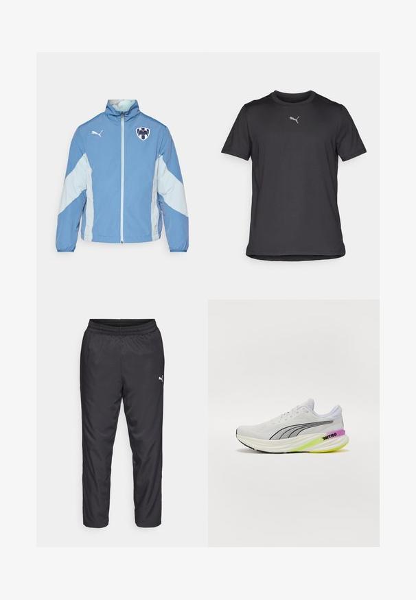 Lichtblauwe jas met donkerblauwe accenten, ritssluiting, elastische manchetten en logo op de borst. Gemaakt van lichtgewicht, gestructureerde stof.; Zwart sport T-shirt met korte mouwen van lichtgewicht stof. Heeft een klein, reflecterend logo op de borst en een ronde hals.; Zwarte sportbroeken gemaakt van glad, lichtgewicht materiaal. Heeft een elastische tailleband en een klein wit logo aan de linkerkant.; Witte sport schoen met ademende mesh bovenkant, zwarte accenten en een meerkleurige zool met paarse en groene details.