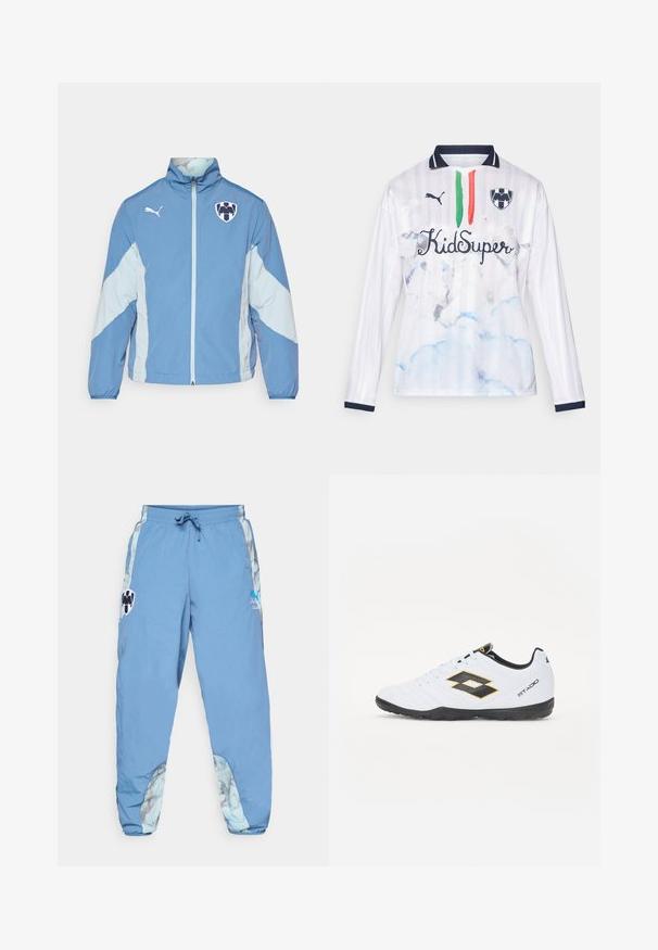Light blue jacket with darker blue accents, zip closure, elastic cuffs, and logo on the chest. Made from lightweight, textured fabric.; White long-sleeve jersey with a striped design, featuring blue cloud patterns, green and red stripes, and "KidSuper" text. Navy accents on the collar.; Light blue track pants with an elastic waistband, side pockets, and abstract patterned accents on the lower sides. Features logo details.; White sports shoes with black and yellow accents, featuring a textured upper, round toe, and a black rubber sole. The design includes a logo detail on the side.