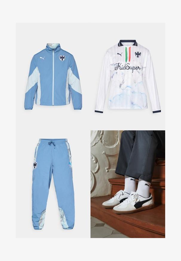 Világos kék dzseki sötétebb kék díszítésekkel, cipzáras záródás, ruganyos mandzsetták és logó a mellrészen. Könnyű, texturált anyagból készült.; Fehér, hosszú ujjú póló csíkos mintával, kék felhőmintákkal, zöld és piros csíkokkal, valamint "KidSuper" felirattal. Tengerészkék részletekkel a galléron.; Világoskék sportnadrág rugalmas derékkal, oldalsó zsebekkel és absztrakt mintázatú díszítéssel az alsó oldalakon. Jellemzők logó részletek.; Fehér és fekete velúr Puma sportcipők, barna gumitalppal. Fehér zoknival párosítva, amely fekete logót visel, sötét nadrággal kombinálva.