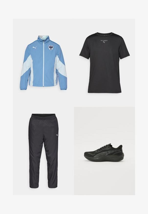 Lys blå jakke med mørkere blå detaljer, glidelås, elastiske mansjetter og logo på brystet. Laget av lett, teksturert stoff.; Svart kortermet treningstopp laget av lett materiale. Har rund hals og trykt "HYROX"-logo med Puma-emblem på forsiden.; Sorte treningsbukser laget av glatt, lett materiale. Har elastisk midjebånd og en liten hvit logo på venstre side.; Svart idrettssko med en teksturert mesh-overdel, flate lisser og en polstret såle med subtile reflekterende detaljer.
