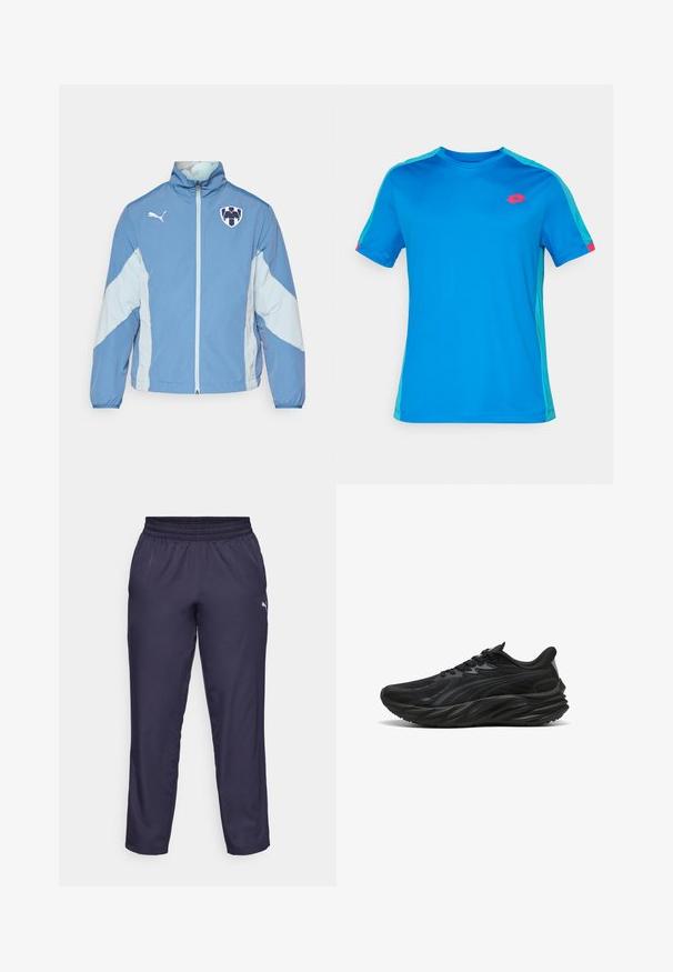Svijetloplavi jakna s tamnijim plavim akcentima, zatvaranje na zip, elastične manšete i logo na prsima. Izrađena od lagane, teksturirane tkanine.; Plava sportska majica kratkih rukava s svijetlo tirkiznim bočnim panelima i prugama na ramenima, sa malim crvenim logotipom na lijevoj strani prsiju.; Tamne sportske hlače u mornarsko plavoj boji, izrađene od lagane tkanine, sa elastičnom strukom i malim bijelim logotipom na lijevoj strani. Glatka tekstura.; Crni sportski cipela s teksturiranim gornjim dijelom, zakrivljenom potplatom i ojačanim petom. Ima vezice i suptilan dizajnerski element sa strane.