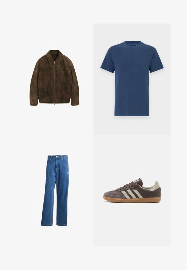 Brown suede jacket with a collared neckline, front zip closure, two side pockets, and visible stitching accents. Smooth, textured finish.; Navy blue cotton t-shirt with a crew neck, short sleeves, and a straight cut. Smooth texture, no visible patterns or embellishments.; Blue high-waist wide-leg denim jeans with front pockets, belt loops, button closure, and small Adidas logo on the right thigh.; Brown leather sneaker with three light-colored stripes, rubber gum sole, rounded toe, and textured suede accents on the heel and toe.