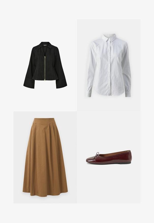 Must mustreid mustreid tasko kaeluse ja lukk ees sulgudega. Omab kuldset lukudetaili ja struktureeritud õmblusi.; Valge nööpidega särk, mis on valmistatud siledast puuvillast. Särgil on klassikaline krae, pikad varrukad ja kaarduv äär. Nöödid on väikesed ja valged.; Pruun puuvillane A-line seelik kõrge vöökohaga, millel on voldid ees ja sile tekstuur. Pika serva viimistlus on puhas ja lihtne.; Burgundi patendnahk kingad balletitüüpi, ümmarguse ninaosa, ees väike paelaaktsent ja madal must kummist tald. Sile tekstuur.