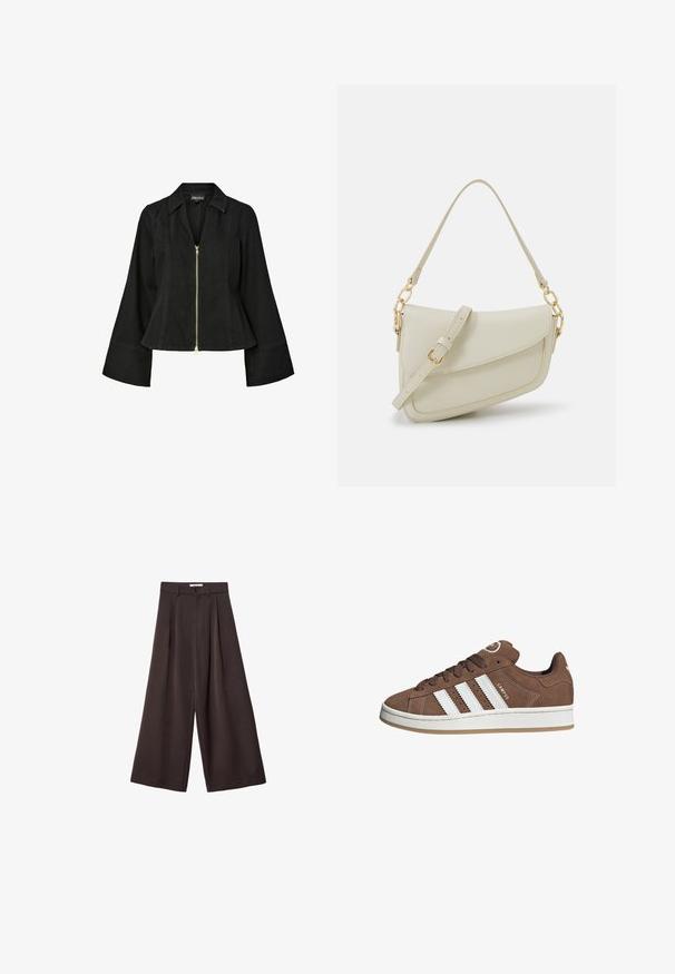 Mustat farkkutakki, jossa on kaulus, vetoketjukiinnitys edessä ja levenevät hihat. Varustettu kultaisella vetoketjuyksityiskohdalla ja muotoillulla saumat.; Kermainen pitkähiha blouse, syvällä V-kaula-aukolla, röyhelöreunalla kaula-aukossa ja edessä, yksittäisellä nappikiinnityksellä ja hieman liehuvilla hihoilla.; Mustat leveät housut, joissa on korkea vyötärö, etupleikkuilla ja nappikiinnityksellä vyötäröllä, valmistettu sileästä kankaasta.; Valkoiset nahkareunat ja ruskeat samettikankaiset tennarit, joissa on kumipohja, pyöreä kärki ja nauhakiinnitys edessä. Kengissä on logo kielekkeessä ja rei'itettyjä yksityiskohtia.; Pieni kerma beige käsilaukku, jossa on teksturoitu pinta, pitkä säädettävä olkahihna, ketjua korostava yksityiskohta ja läppälukko. Kultaista metalliosaa.