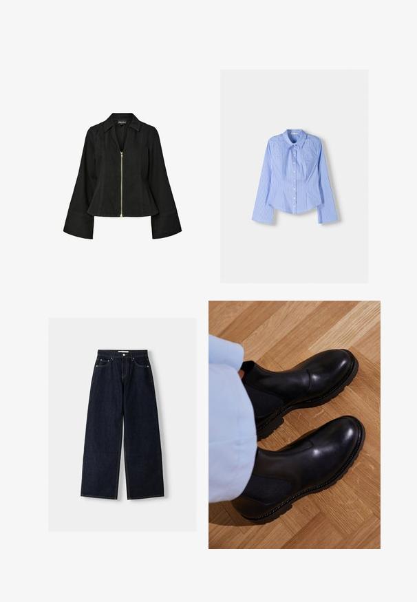 Mustat farkkutakki, jossa on kaulus, vetoketjukiinnitys edessä ja levenevät hihat. Varustettu kultaisella vetoketjuyksityiskohdalla ja muotoillulla saumat.; Siniraitaiset sinivalkoiset pitkähihaiset nappipaidat, joissa on levitetty kaulus, istuva mitoitus ja kaareva helma. Kankainen puuvillamateriaali.; Tummansiniset farkut, joissa on leveät lahkeet ja korkea vyötärö, viisi taskua, kontrastiväriset saumat ja hopeiset metalliosat. Sileä pinta ja siisti viimeistely.; Musta nilkkurit, jotka on valmistettu sileästä nahasta, jossa on elastiset sivupaneelit, teksturoitu kumipohja ja kontrastivärinen ommel reunoilla.