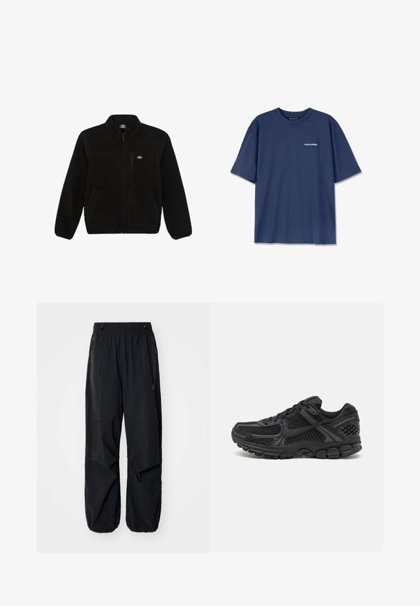 Crna polarna jakna sa zatvaračem sprijeda, visokim ovratnikom i dva prednja džepa. Ima mali logo na gornjem lijevom dijelu prsnog koša.; Tamno plavi pamučni majica s kratkim rukavima, okruglim izrezom i malim bijelim tekstom "PEGADOR" na prednjoj strani. Njegovana tekstura i opušteni kroj.; Crne lagane cargo hlače s elastičnom trakom u struku, bočnim patentnim zatvaračima i prostranim džepovima. Odlikuje ih širok kroj i suženi manžeti.; Crne atletske cipele s gornjištem od mrežice, gumenim potplatom i teksturiranim detaljima. Dizajn uključuje izražen sustav vezivanja i podstavljen potplat.