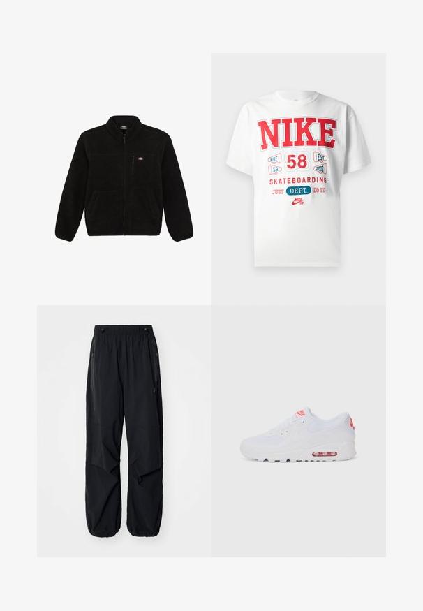 Juoda vilnonė striukė su užtrauktuku priekyje, aukštu kaklu ir dviem priekinėmis kišenėmis. Yra mažas logotipas ant kairiojo krūtinės šono.; Balta medvilninė marškinėliai su ryškiu raudonu ir mėlynu grafiniu tekstu: "NIKE 58 EST 2002 SKATEBOARDING JUST DEPT. DO IT" ir logotipo detalėmis.; Juodos lengvos krovininės kelnės su elastinga juosmeniu, šoninėmis užtrauktukais ir erdviomis kišenėmis. Turi laisvą prigludimą ir siaurėjančius rankogalius.; Baltos sportinės sneaker'iai, turintys lygų paviršių, raištelių uždarymą, paminkštintą padą ir matomą oro vienetą su raudonomis akcentais ant prekės ženklo.