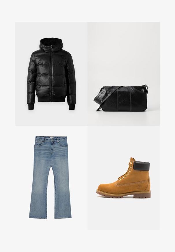 Chaquetón negro con un exterior brillante y acolchado, capucha forrada y puños y dobladillo acanalados. Presenta un cierre frontal con cremallera.; Camiseta de algodón blanca de manga corta con escote en V, que presenta un corte relajado y una textura suave y lisa. No tiene patrones ni detalles.; Jeans de mezclilla azul claro con un diseño de pierna acampanada, que presentan un estilo clásico de cinco bolsillos y un cierre de botón en la cintura.; Botín de ante marrón claro con collar acolchado negro, ojales de metal dorado, detalles de costura blanca y suela de goma resistente con tacos pronunciados.; Bolso de hombro de cuero negro con cierre de cremallera, que presenta un cuerpo texturizado, costuras blancas y una correa con ojales plateados.