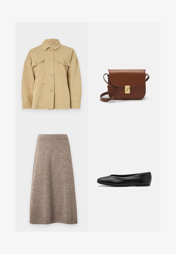 Beige puuvillatakki, jossa on kaulus, etunapitus ja kaksi rintataskua. Ominaisuuksiin kuuluu rento istuvuus ja sileä rakenne.; Vaalea beige lyhyt neulepusero, jossa on vetoketjukiinnitteinen korkea kaulus. Se esittelee teksturoidun kuosin ja ribbireunat hihoissa ja helmassaan. Yhdistelmä neulotusta ja kudotusta materiaalista.; Neulehame lämpimässä ruskeassa sävyssä, jossa on teksturoitu kuvio, tiukka vyötärö ja levenevä siluetti, jossa on ribbireunukset helman kohdalla.; Paul Smith TOPANGA - Ballerinat - black; Ruskea nahkainen käsilaukku, jossa on läppäkiinnitys, kultasävyiset yksityiskohdat, olkahihna ja sileä pinta. Kompaktin suorakaiteen muotoinen.