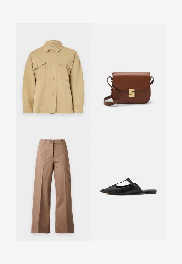 Jachetă din bumbac bej cu guler, închidere frontală cu nasturi și două buzunare la piept. Are o croială lejeră și o textură netedă.; Pulover scurt de culoare bej deschis, cu guler tip mock cu fermoar, având un model texturat și manșete și tiv coagulate. Combină materiale tricotate și țesute.; Pantaloni largi de culoare maronie, confecționați dintr-un material neted, având o închidere cu nasture în față, două buzunare frontale și linii curate, croite.; Pantofii din piele neagră cu curea la spate au vârful ascuțit, prezentând un accent țesut și un design superior pliat. Talpa joasă cu hardware minim.; Geantă de piele maro cu închidere tip capac, accesorii de culoare aurie, curea de umăr și o textură netedă. Formă compactă și rectangulară.