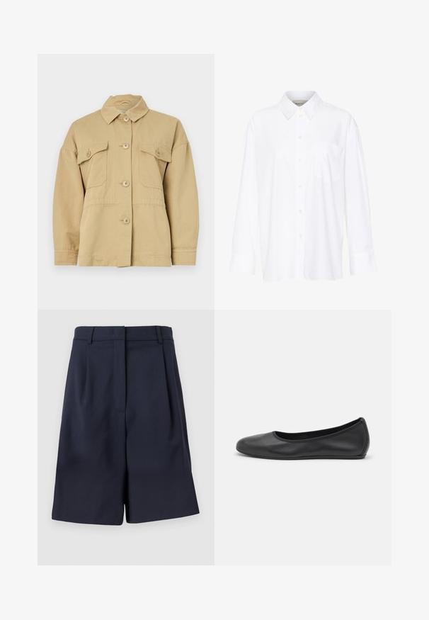 Beige bavlněná bunda s límcem, předním zapínáním na knoflíky a dvěma náprsními kapsami. Má uvolněný střih a hladkou texturu.; Bílá košile s dlouhým rukávem a límečkem vyrobená z bavlny. Má knoflíkovou přední část a jedno kapsičku na prsou. Hladký povrch, volný střih.; Námořnické modré šortky na míru vyrobené z hladkého materiálu s vysokým pasem, záhyby vpředu a bočními kapsami. Čistý, strukturovaný silueta.; Černé kožené baletní byty s kulatou špičkou, hladkou texturou, minimálními švy a flexibilním designem podrážky.