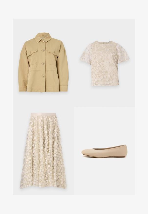 Beige puuvillane jakk, millel on krae, esine nupuvärav ja kaks rinna taskut. Omab mugavat lõiget ja sujuvat tekstuuri.; Beez pluus lilleline tikand, läbipaistvad puffvarrukad, ümmargune kaelus ja tagumine lukuga sulgemine. Tekstureeritud lillemustriga esitahvel.; Lillene tikandid läbipaistval kreemjas seelikuärmal, millel on satiinist vöökoht. Kujunduses on väikesed, õrnad lilled ja lehed.; Beeži nahk balletitossud ümarate varvastega, minimaalse õmbluse detailiga, madala kanna ja diskreetse logoga taga. Sile, mati tekstuur.