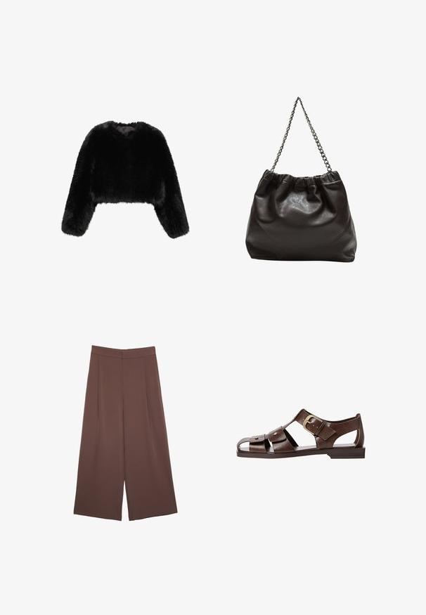 Mango Winterjacke - black; Braunes, kurzärmliges T-Shirt aus weichem Material mit rundem Halsausschnitt und lockerer Passform. Keine sichtbaren Muster oder Akzente.; Braune Weite-Leg-Hosen mit einer glatten Textur, hoher Taille und Vorderfalten. Der Stoff ist leicht und fällt locker.; Braune Leder-Sandale mit ausgeschnittenem Design, verstellbarem seitlichem Riemenverschluss und flacher Sohle, mit Metallakzenten und offenem Zehenbereich.; Braune Lederhandtasche mit gerafftem Oberteil und Kettenriemen. Glatte Textur mit glänzendem Finish und subtilen Nahtdetails an den Seiten.