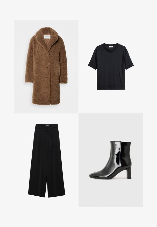 Bruine nepbontjas met een luxueuze, gestructureerde oppervlakte, geknoopte kraag en zwarte knopen, met een losse, knielange snit.; Zwarte katoenen T-shirt met ronde hals, korte mouwen en een relaxte pasvorm. De stof lijkt glad met een subtiele glans.; Zwarte wijde broek van textuurstof, met een elastische tailleband en een afneembare sjaalstrik in de taille voor een verstelbare pasvorm.; Zwarte gepolijste leren enkellaars met een spitse neus en een blokhak van gemiddelde hoogte. Glad textuur en minimalistisch ontwerp.