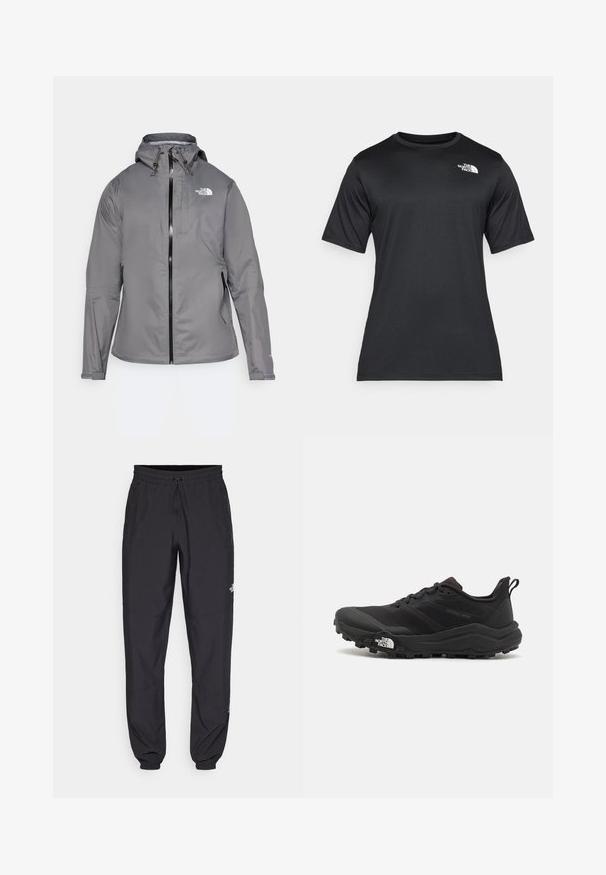 Pelēks ūdensizturīgs jaka ar kapuci, priekšējo rāvējslēdzēju, logotipu augšējā kreisajā krūtī un elastīgām piedurknēm. Gluda, viegla auduma.; Melnā īsās piedurknes T-kreklā, izgatavotā no viegla, mitrumu uzsūcoša auduma. Tam ir balts logo kreisajā krūtīs un apaļa kakla izgriezums.; Melni sporta bikses, kas izgatavotas no viegla auduma, ar savelcamu jostu, sānu kabatām un sašaurinātiem apakšējiem galiem pie potītēm.; Melnas taku skriešanas kurpes ar teksturētu virsu, gumijas zoli un pastiprinātu pirkstu daļu. Aprīkotas ar mīkstu apkakli un vilkšanas cilpu, lai viegli uzvilktu.