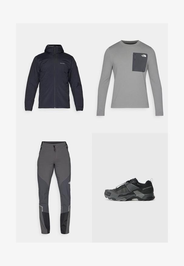 Svart lett jakke med hette, hel frontglidelås og elastiske mansjetter. Har et diskret logo på brystet og myk, teksturert stoff.; Langermet grå skjorte med strukturert stoff, med en mørk grå brystlomme og glidelås. Logo på lommen i hvitt.; Grå tursbukser med en innsnevret design, flere lommer og kontrasterende mørkegrå og svarte detaljer. Laget av et fleksibelt, slitesterkt materiale.; Svart terrengløpesko med et slitesterkt maskeoberoende, forsterket tåhette, teksturert gummisåle og elastisk lissystem for sikre tilpasning.