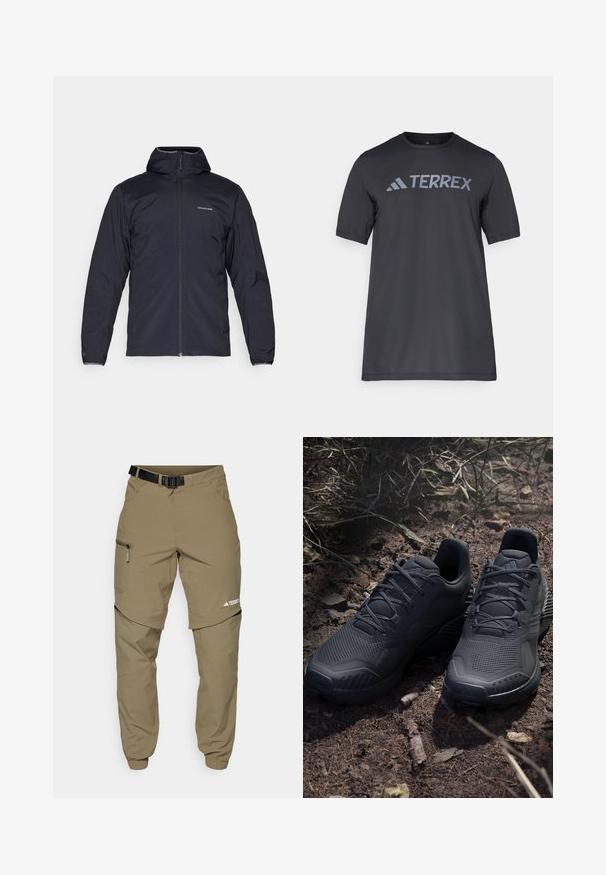 Czarna, lekka kurtka z kapturem, z zamkiem błyskawicznym z przodu i elastycznymi mankietami. Posiada subtelne logo na klatce piersiowej oraz gładki, teksturowany materiał.; Czarny t-shirt z krótkim rękawem wykonany z lekkiego materiału, z jasnoszarym logo "TERREX" na piersi oraz okrągłym dekoltem.; Beżowe spodnie outdoorowe z paskiem, kieszeniami na boki na suwak i elastycznymi mankietami. Posiadają odpinany design dla wszechstronności oraz gładką fakturę.; Czarne sportowe buty z teksturowanym cholewką z dzianiny, wzmocnionym noskiem i amortyzowaną podeszwą, wystawione na ziemi z naturalnym podłożem, z rozsypanymi gałązkami.