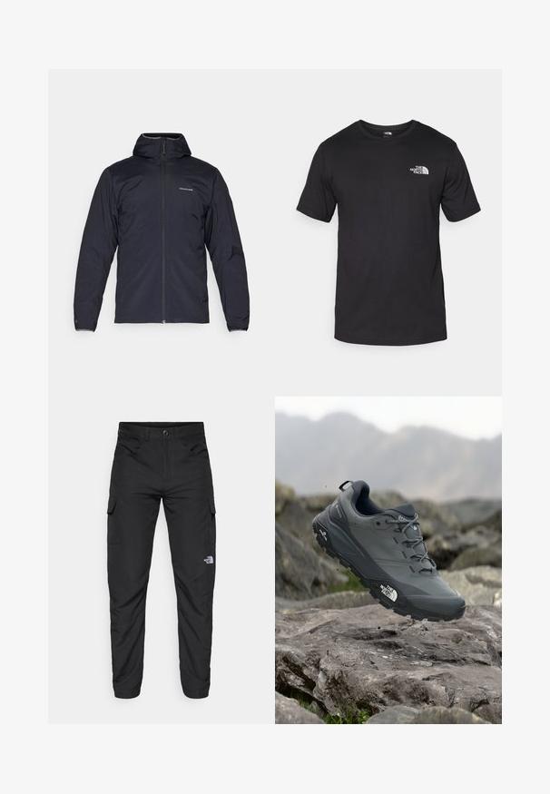 Black lightweight jacket with a hood, full front zipper, and elastic cuffs. Features a subtle logo on the chest and smooth, textured fabric.; Black short-sleeve t-shirt made of cotton, featuring a round neckline and a small white logo on the upper left chest area.; The North Face HORIZON PANT - Outdoor trousers - black; Grey trail running shoe with a textured upper, durable rubber sole, and reinforced toe cap. Features laces and brand logo on the side.