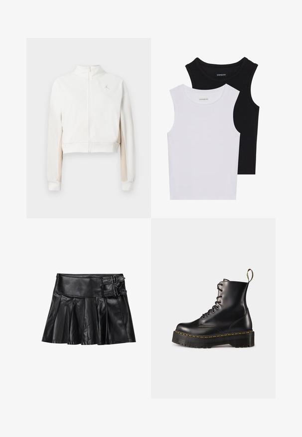 Supjaustyta balta striukė su užtrauktuku priekyje, minkšta tekstūra, su šviesiai smėliniais akcentais ant rankovių ir mažu auksiniu logotipu ant krūtinės.; Du kamščių be rankovių juodos ir baltos spalvų, pagaminti iš banguoto medvilnės, su apvaliais kaklo iškirpimais ir priglundančiu siluetu. Matomi etiketės abiejuose.; Juodas odinis sijonas su kiekiais, platus liemuo ir dvi sagties detalės šone. Lygi tekstūra su blizgiu paviršiumi.; Juodi odiniai auliniai batai su raišteliais, turintys masyvų juodą pado ir geltoną siūlą. Su nugarinėmis kilpomis ir apvaliais metaliniais akių laikikliais.