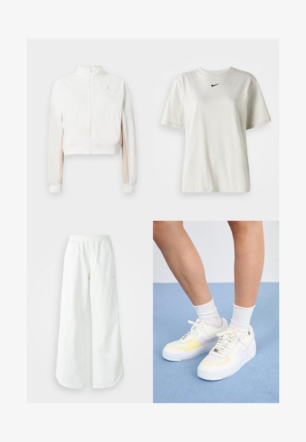 Geknipte witte jas met een rits aan de voorkant, zachte textuur, met lichtbeige accenten op de mouwen en een klein gouden logo op de borst.; Witte katoenen t-shirt met een ronde halslijn en korte mouwen. Heeft een klein zwart Nike-logo op de borst. Eenvoudig en onopgesmukt ontwerp.; Witte atletische broek met wijde pijpen, een geribde tailleband en subtiele logodetails. Soepele stof met een relaxte pasvorm en taps toelopende zoom.; Witte leren sneakers met gele en lavendelkleurige accenten, ronde neus, platte veters en een textuurrubber zool. Gdraag met witte sokken.