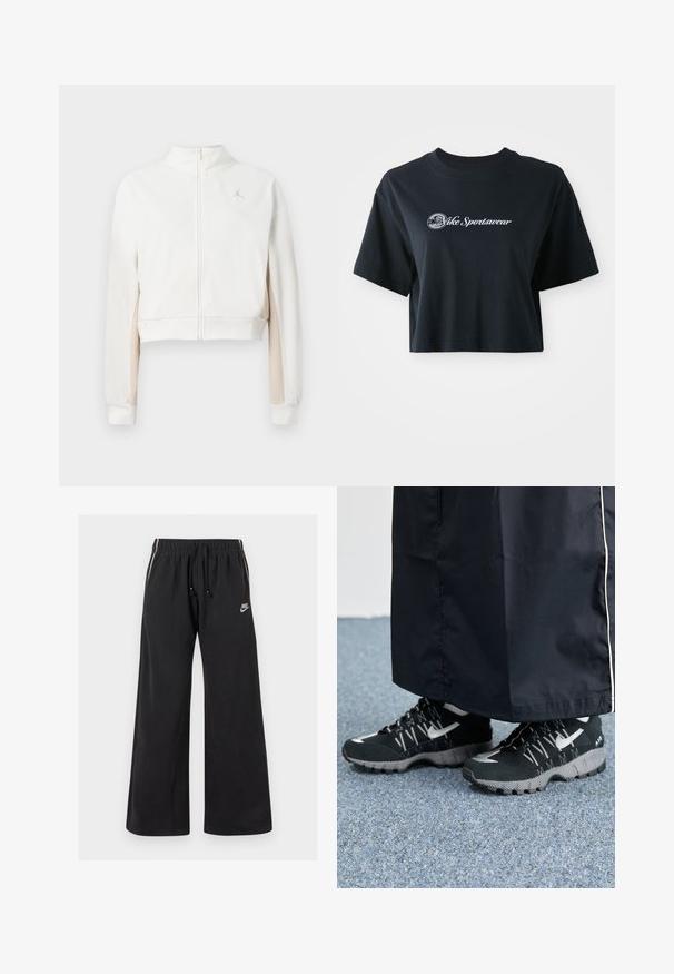 Kuttet hvit jakke med glidelås foran, myk tekstur, med lys beige detaljer på ermene og en liten gulllogo på brystet.; Kuttet svart bomull t-skjorte med korte ermer, med hvit tekst "Vice Sportswear" og en sirkulær grafikk på fronten.; Svarte joggebukser laget av myk tekstil, med elastisk midje og snor, sidestrimler og en liten logo på venstre front.; Svarte treningssko med teksturert overdel, sølv detaljer og mønstrete såle, sammen med et svart langt plagg. Plassert på et blått teppe.