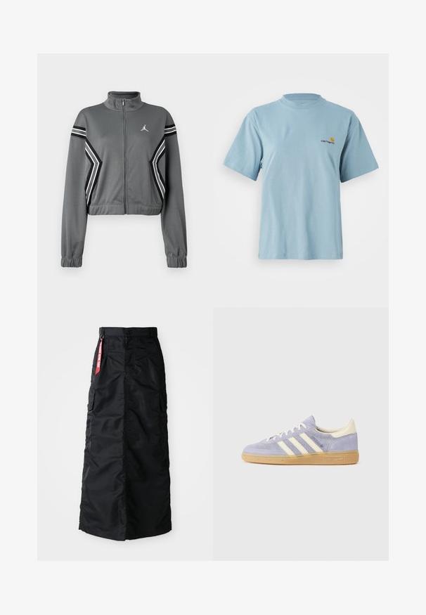 Szara, krótka kurtka sportowa z gładkiego materiału, z wysokim kołnierzem, zamkiem z przodu oraz czarno-białymi paskami na rękawach. Posiada logo na piersi.; Jasnoniebieska bawełniana koszulka z krótkim rękawem, okrągłym dekoltem i małym logo Carhartt w kolorze żółtym i czerwonym na lewej piersi.; Czarna długa spódnica z guzikiem i zamkiem z przodu, bocznymi kieszeniami cargo oraz czerwoną metką "Usuń przed lotem" na pasku.; Fioletowe zamszowe sneakersy z trzema białymi paskami, gumową podeszwą i kremowymi akcentami na pięcie oraz języku. Minimalistyczny design z detalem logo.