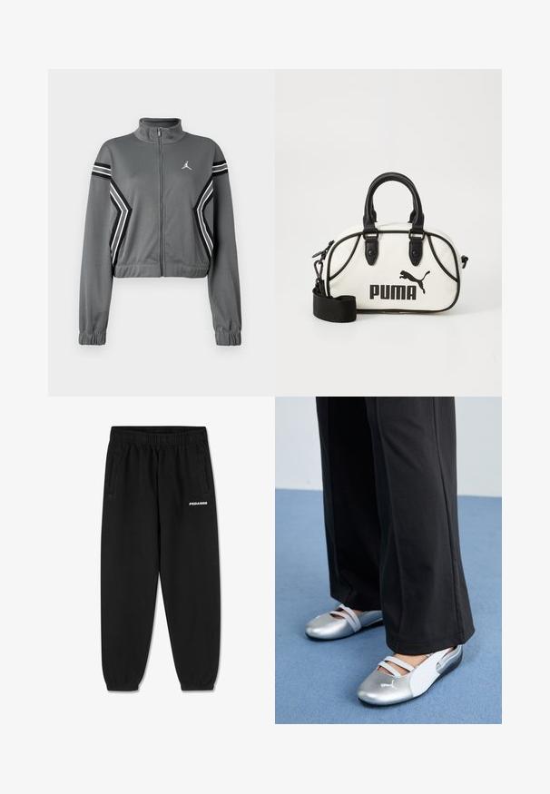 Gray, cropped track jacket in smooth fabric with a high collar, zip front, and black and white stripes on sleeves. Features logo on chest.; Gray cotton t-shirt with short sleeves, featuring a crew neck and a small white "PEGADOR" logo on the front. Smooth texture, relaxed fit.; Black sweatpants made of soft fabric, featuring a drawstring waistband, tapered legs, and side pockets. “PEGADOR” logo in white on the front.; Silver and white flat shoes with crossover straps and textured detailing, complemented by loose black trousers. Set against a blue floor.; White handbag with black accents, featuring a Puma logo. Short, rounded handles and a detachable strap, made from textured synthetic material.