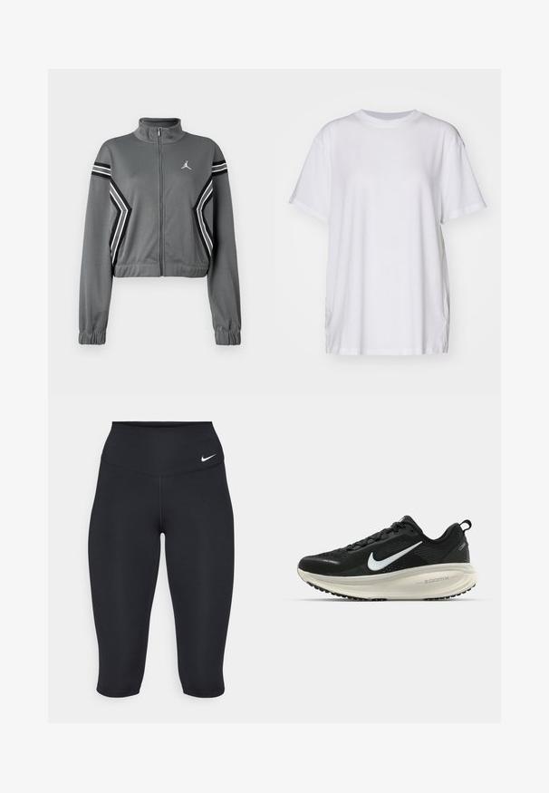 Veste de survêtement grise, légèrement cintrée, en tissu lisse avec un col montant, fermeture zippée et rayures noires et blanches sur les manches. Logo sur la poitrine.; T-shirt blanc oversize en coton, avec un col rond, des manches courtes et des fentes sur les côtés pour un ajustement décontracté. Texture lisse.; Les leggings capri noirs Nike présentent une taille haute, un tissu extensible lisse et un détail de logo discret à l'avant.; Baskets de course noir Nike avec tige respirante en mesh, logo swoosh blanc, détails texturés et semelle intermédiaire ZoomX de couleur crème.