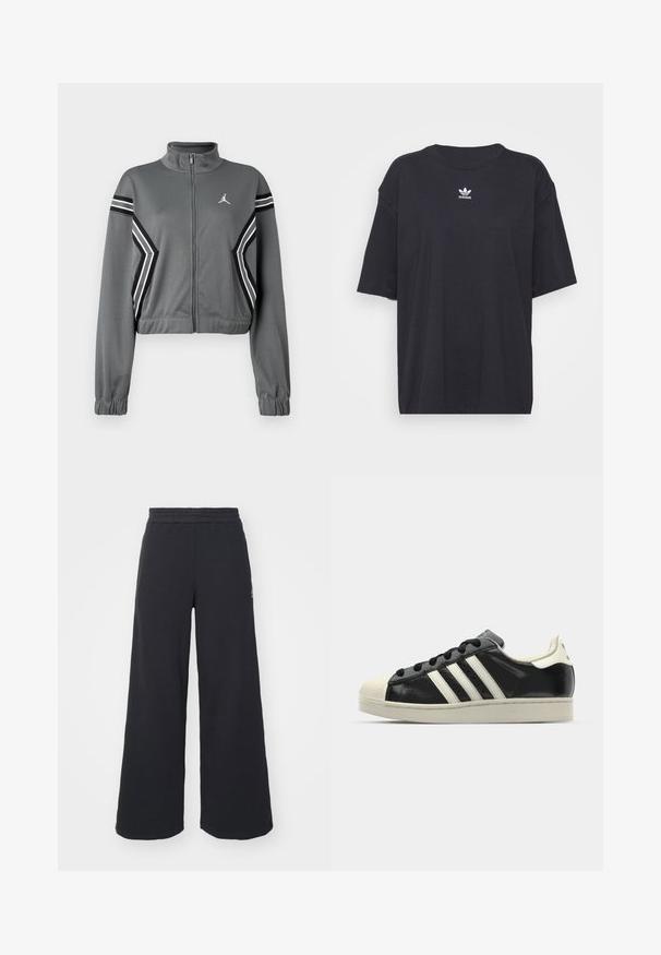 Hallide hall, lühikesed jahutusjacketid sujuvas kangas, kõrge kraega, lukuga ees ja must-valged triibud varrukatel. Rinnal on logo.; Must must t-särk lühikeste varrukatega, ümmargune kaelus, rinnal valge Adidas logo. Lihtne disain, mugav lõige.; Mustad laiad spordipüksid, mis on valmistatud pehmest kangast, elastse vöökohtaga ja väikese logoga vasakul küljel.; Must have nahkased mustad tossud valgete triipudega, kummist varbakattega, mustade paeltega ja kreemika värvusega tallaga. Sile tekstuur ja läikiv viimistlus.