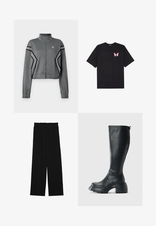Grijze, korte trainingsjack van gladde stof met een hoge kraag, ritssluiting aan de voorkant en zwart-witte strepen op de mouwen. Heeft een logo op de borst.; Zwarte katoenen t-shirt met korte mouwen, voorzien van een kleine roze vlinder graphic op de linkerkant van de borst. Crew neck ontwerp met een relaxte fit.; Zwarte wijde broek met een gerimpelde tailleband, voorzien van twee zijzakken en een soepele, lichte stof. Geen zichtbare patronen of hardware.; Hoge zwarte leren laars met een chunky plateauzool en blokhak, voorzien van een trekband en een gestructureerd profiel op de buitenzool.