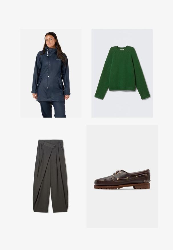Swedemount VÄDERÖARNA - Regenjas - navy; Langarm sweatshirt met ronde hals in donkergroen, met een gestructureerde brei, ribbelmanchetten, zoom en halslijn, plat gelegd op een witte achtergrond.; Grijze geplooide broek met hoge taille, met een knoopsluiting en een brede pijpontwerp. Gemaakt van een soepele, geweven stof.; Bruine leren bootsschoen met gouden oogjes, ronde veters en een gestructureerde bruine rubberen zool. Kenmerkt zich door gestikte details en een verhoogd logo.
