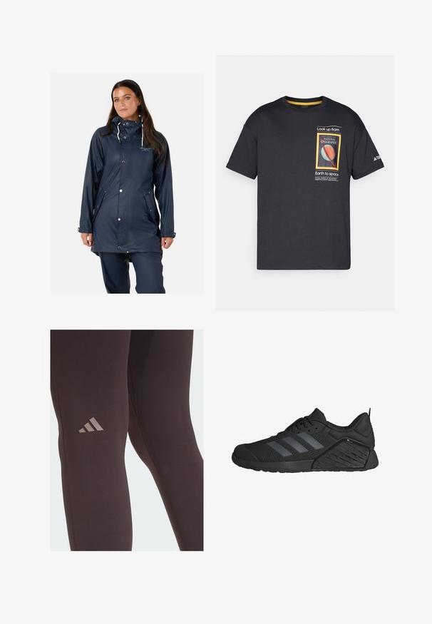 Swedemount VÄDERÖARNA - Waterproof jacket - navy; Black cotton t-shirt with short sleeves, featuring a colorful National Geographic graphic and text on the front, contrasting yellow accents.; Black athletic leggings with a smooth texture, featuring a subtle brown Adidas logo on the thigh and reinforced stitching details.; Black athletic shoes with a mesh upper, featuring three gray stripes, a textured midsole, and a rubber outsole with a unique pattern.