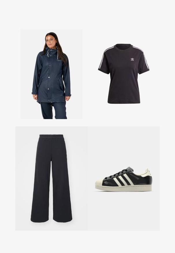 Swedemount VÄDERÖARNA - Waterproof jacket - navy; Black cotton short-sleeve t-shirt with round neck, featuring white stripes on shoulders and a small white Adidas logo on the chest.; Black wide-leg sweatpants made from soft fabric, featuring an elastic waistband and a small logo on the left side.; Black leather sneaker with white stripes, rubber toe cap, black laces, and a cream-colored outsole. Smooth texture with shiny finish.