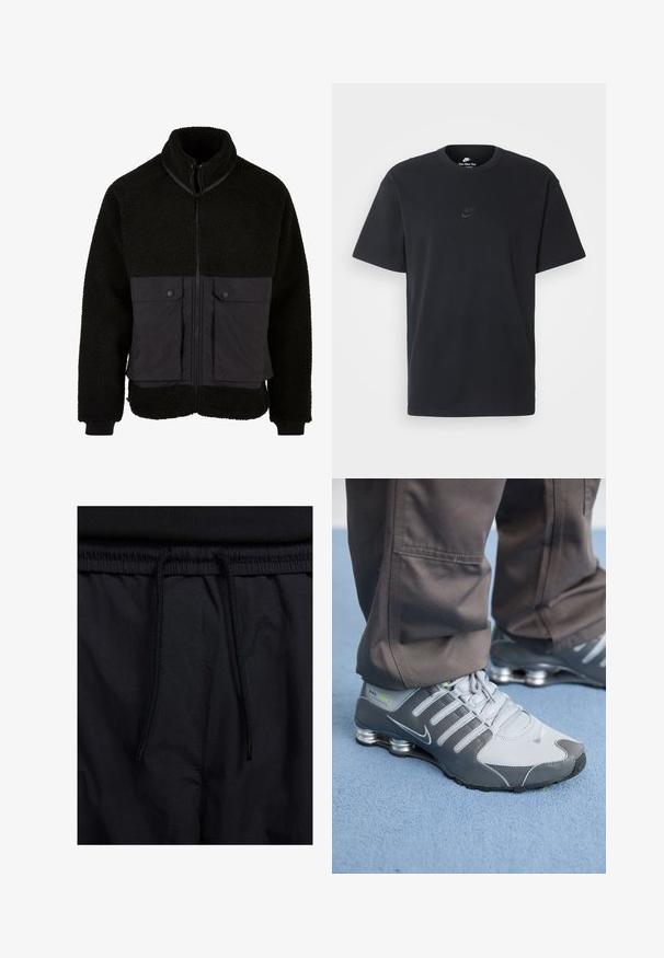 Juodas vilnonis jakas su tekstūruotu viršumi ir lygiavais apatine dalimi. Yra aukštas apykaklė, priekinis užtrauktukas ir dvi kišenės su spaudėmis krūtinėje.; Juodas medvilninis Nike marškinėliai su klasikinėmis apykaklėmis, trumpomis rankovėmis ir subtiliu, įspaustu logotipu ant krūtinės. Sklandus tekstūra.; Juodos šortai su raišteliu juosmens srityje, lengva medžiaga su lygiu paviršiumi ir paprastas dizainas be matomų logotipų ar raštų.; Pilki ir sidabriniai Nike Shox sportiniai bateliai pasižymi elegantišku dizainu, pagaminti iš tinklinės ir sintetinės medžiagos, turi apvalų pirštą ir paminkštintą apykaklę.