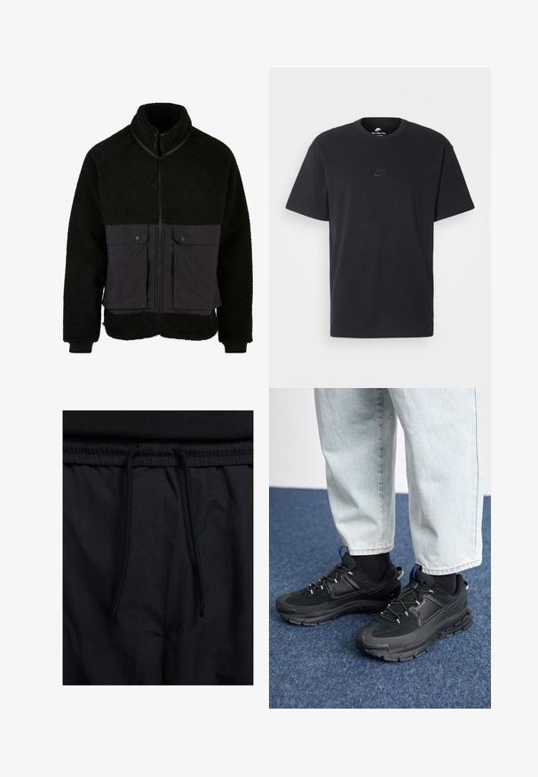 Černá fleecová bunda s texturovanou horní částí a hladkým spodním materiálem. Má vysoký límec, přední zip a dvě kapsy na hrudi se snap-button uzávěrem.; Černé bavlněné tričko Nike s klasickým kulatým výstřihem, krátkými rukávy a decentně vyraženým logem na hrudi. Hladký povrch.; Černé šortky s páskem na šňůrku, lehký materiál s hladkou texturou a jednoduchý design bez viditelných log nebo vzorů.; Černé sportovní boty s texturovanou tkaninou a gumovou podrážkou, s elastickými tkaničkami a modrým akcentem na patě. Nosí se s světlými džíny.