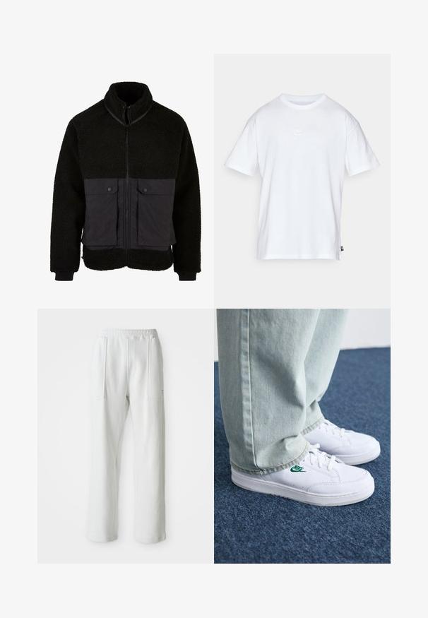 Jachetă de fleece neagră cu un segment superior texturat și un segment inferior din material neted. Prezintă un guler înalt, fermoar frontal și două buzunare la piept cu capse.; Tricou alb din bumbac, cu mâneci scurte și guler rotund. Prezintă un mic logo Nike, discret, pe piept și o eticheta pe lateral.; Pantaloni albi casual cu talie elastică și buzunare mari în față, expuși pe un fundal simplu deschis.; Adidași din piele albă cu logo-ul Nike verde, vârf rotund, talpă plată, asortați cu pantaloni din denim bleu deschis, prezentați pe un covor albastru.