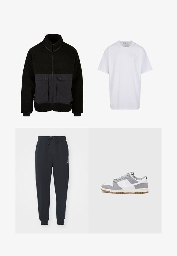Juodas vilnonis jakas su tekstūruotu viršumi ir lygiavais apatine dalimi. Yra aukštas apykaklė, priekinis užtrauktukas ir dvi kišenės su spaudėmis krūtinėje.; Balta medvilninė marškinėlių užsagėlė su trumpomis rankovėmis, apvaliu kaklu, laisva forma ir be matomų logotipų ar raštų. Lygi tekstūra ir minimalus dizainas.; Juodi sportiniai džinsai, pagaminti iš minkštos medžiagos, su elastingu juosmeniu ir raišteliu, su įsiūtomis rankovėmis ir mažu logotipu kairiajame šlaunyje.; Pilka ir balta sportinė avalynė su zomšiniu ir odiniu viršumi, suapvalintu pirštu, plokščiomis raištelėmis ir guminėmis padais su guminiu akcentu.
