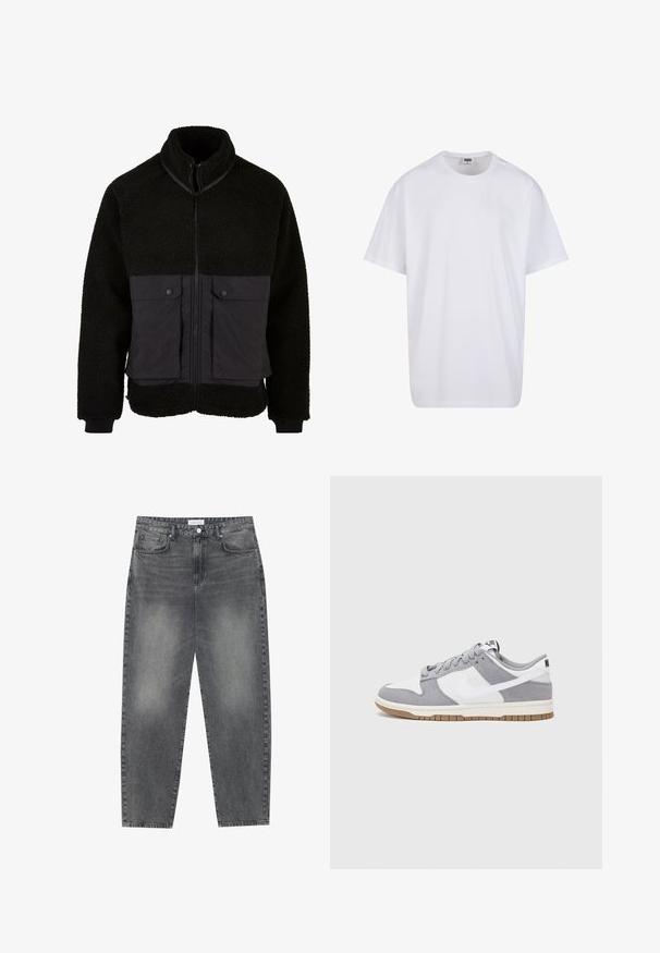 Musta fleece-takki, jossa on teksturoitu yläosa ja sileä alaosa. Ominaisuuksiin kuuluu korkea kaulus, edessä vetoketju sekä kaksi painonappitaskua rintakehässä.; Valkoinen puuvillainen t-paita, jossa on lyhyet hihat, pyöreä kaula-aukko, rento istuvuus ja ei näkyviä logoja tai kuvioita. Sileä pinta ja minimaalinen muotoilu.; Korkeavyötäröiset, väljät farkut haalistuneesta mustasta denimestä. Ominaisuuksiin kuuluu viisi taskua, vyölenkit ja siisti, suora lahjetyyli.; Harmaa ja valkoinen lenkkari, jossa on mokka- ja nahkapinta, pyöreä kärki, litteät nauhat ja kumipohja, jossa on vaahtomuoviväri.