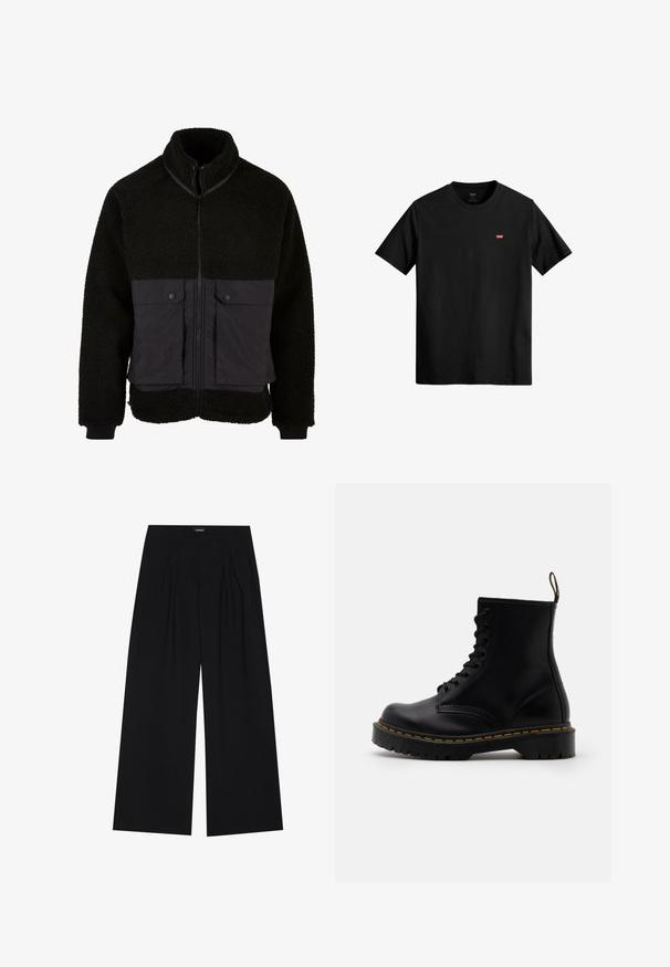 Giacca in pile nera con parte superiore a trama e parte inferiore in tessuto liscio. Presenta un colletto alto, chiusura frontale con zip e due tasche sul petto con bottone a pressione.; T-shirt in cotone nero con scollatura tonda, maniche corte e un piccolo logo rosso Levi's sul lato sinistro del petto. Design leggero e semplice.; YOURTURN UNISEX - Pantaloni - black; Stivaletti alla caviglia in pelle nera con lacci anteriori, cuciture gialle, punta rotonda e suola in gomma spessa e testurizzata.