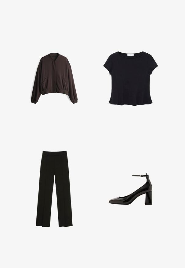Dunkelbraune Bomberjacke mit strukturiertem Design, runden Halsausschnitt, elastischen Bündchen und seitlichen Taschen. Glatte Stofftextur.; Schwarzes kurzärmeliges Top aus weichem Stoff, mit rundem Ausschnitt und ausgestelltem Saum mit dezenten Nahtdetails.; Schwarze weit geschnittene Hosen aus glattem Stoff, ausgestattet mit einem taillierten Bund und dezenten vorderen Falten für zusätzliche Struktur.; Schwarze Lackleder-Pumps mit Knöchelriemen und glänzender Oberfläche, spitzer Zehenform und dickem Blockabsatz. Sanfte Textur, minimalistische Details.