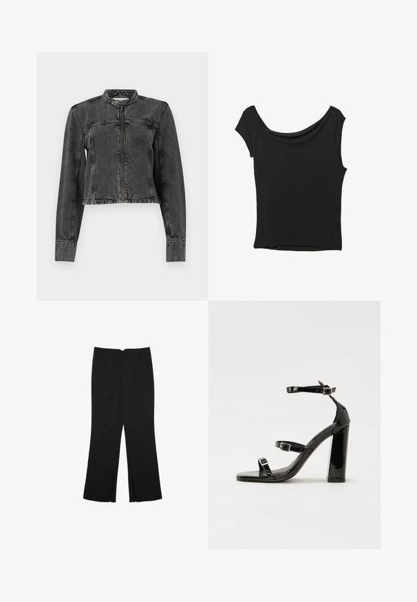 Musta farkkutakki, jossa on lyhyt malli, vetoketjukiinnitys, kaulukseton kaula ja revitty helma. Siinä on myös ommeltuja yksityiskohtia harteilla ja hihoissa.; Musta lyhythihainen paita, joka on valmistettu sileästä kankaasta; siinä on laskeutuva kaula-aukko ja epäsymmetrinen helma, sekä istuva malli.; Mustat housut suoralinjaisella leikkauksella, joissa on etutaskut ja sivurei'ät helman alla. Valmistettu pehmeästä ja sileästä kankaasta. Sopii eri tilaisuuksiin.; Musta kiiltävä korkokenkä sandaalit neliönmuotoisella varpaalla, nilkkaremmillä ja hopeisilla soljilla. Varustettu tukevalla lohkokorkealla vakauden takaamiseksi.