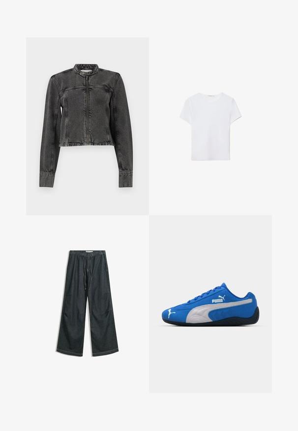 Giubbotto in denim nero con un design crop, chiusura a zip, collo senza colletto e orlo sfrangiato. Presenta dettagli cuciti sulle spalle e sulle maniche.; T-shirt bianco a maniche corte in tessuto morbido. Presenta un collo rotondo e un design semplice e pulito con un orlo dritto.; Pantaloni in denim scuro a gamba larga con vita elastica e cordino. Presentano tasche laterali e orli dritti con dettagli di cucitura sottili.; Scarpe da ginnastica blu con tomaia in camoscio, dotate di un pannello laterale bianco e suola in gomma nera. Includono un logo PUMA in rilievo sul lato.