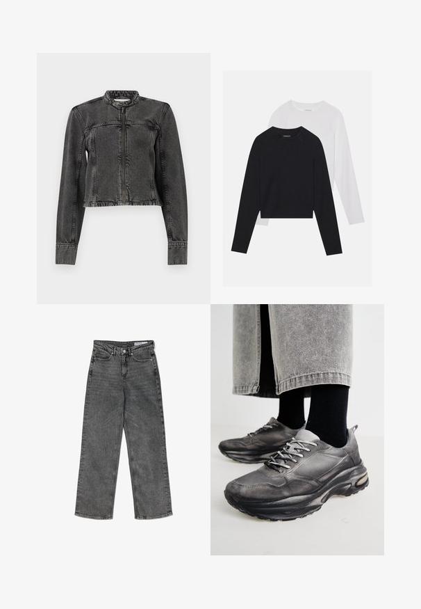Zwarte denimjack met een cropped ontwerp, ritssluiting aan de voorkant, kraagloze hals en een rafelige zoom. Kenmerkt gestikte accenten op de schouders en mouwen.; Twee langemouwen shirts: een zwarte en een witte. Beide hebben een ronde hals, raglanmouwen en zijn gemaakt van een zachte katoenmix.; Hoge taille zwarte gewassen rechte jeans met voorzakken, riemlussen, knoopsluiting en een merklabel aan de binnenkant van de tailleband.; Zwarte en grijze sport schoenen hebben een mesh bovenkant, dikke zolen en veters. Ze hebben een ronde neus en zichtbare dempingsdetails.
