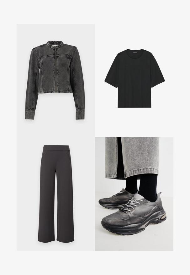 Chaqueta de mezclilla negra con un diseño corto, cierre frontal de cremallera, cuello sin solapa y dobladillo deshilachado. Presenta detalles cosidos en los hombros y las mangas.; Camiseta de manga corta negra hecha de algodón. Presenta un cuello redondo, corte holgado y dobladillo limpio sin patrones ni herrajes visibles.; Pantalones de pierna ancha en tela gris oscuro, con una textura suave, cinturilla elástica y dos bolsillos frontales. Diseño de frente plano.; Las zapatillas deportivas en negro y gris cuentan con una parte superior de malla, suelas gruesas y cordones. Tienen una punta redondeada y un detalle de amortiguación visible.